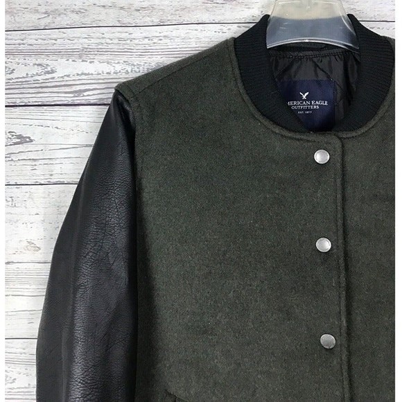 American Eagle Outfitters Men's Green/Black Wool mix Varsity Bomber Jacket Small - Picture 4 of 6